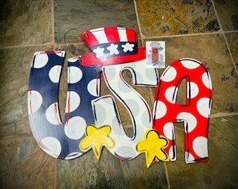 Fourth of July USA Door Hanger - Patriotic door Decor - summer wreath - USA hand painted personalized door hanger