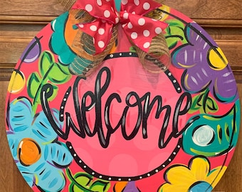 Flower Door Hanger, Paisley Door Decor, Polka Dots, Welcome Circle, wood cut out hand painted door hanger