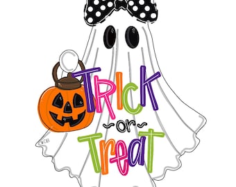 Trick or Treat Ghost Door Hanger-  Pumpkin Door Decor-Ghost with Bow-hand painted door hanger