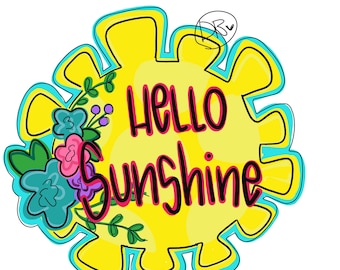 Może przedstawiać: Żółte słońce z niebieskim obramowaniem i kwiatowym wzorem po lewej stronie. Słońce ma napis "Hello Sunshine" napisany czarnym kolorem.