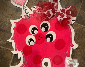 Valentine Love Monster Door Hanger - Valentines Day door Decor - valentine wreath - love hand painted personalized door hanger