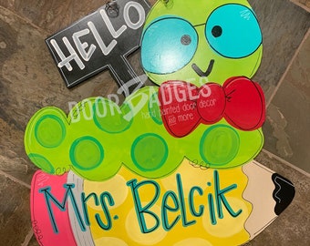 School Bookworm Door Hanger - Pencil - school - teacher gift wood cut out hand painted personalized door hanger