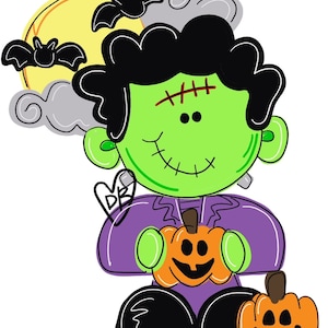 Halloween Frankenstein and Pumpkin Door Hanger-  Frankie Door Decor-Spooky-Fall-Wreath--hand painted - pumpkin door hanger