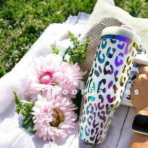 Leopard Rainbow Plated 40oz Metal Tumbler with lid and straw