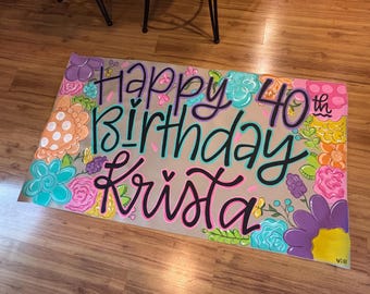 Guirnalda de flores de cumpleaños de papel kraft - Guirnaldas de fiesta pintadas a mano - Decoraciones de fiesta de papel kraft - Letrero de cumpleaños - Pósters