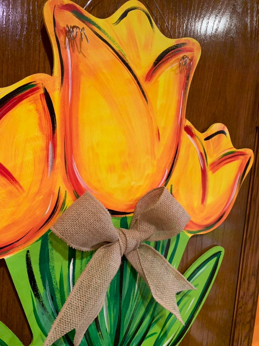 Flower Door Hanger Spring Tulip Flower Summer Flower Wood Etsy