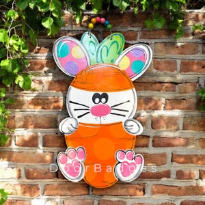 Easter Bunny in Carrot Costume Door Hanger,  Happy Easter, Spring Bunny Door Decor, hand painted wooden door hanger