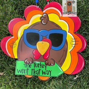 Pavo con cartel divertido para colgar en la puerta, decoración de puerta de otoño, colgador de puerta pintado a mano con corte de madera