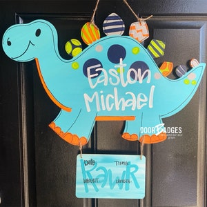Baby Announcement Door Hanger - baby boy - dinosaur- hospital door hanger - birth door decor - nursery decor - hand painted