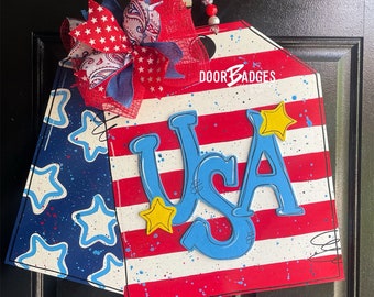 USA Tag - Fourth of July Door Hanger - Patriotic door Decor - Home of the Brave summer wreath - hand painted personalized door hanger