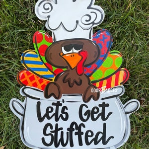 Thanksgiving Turkey door hanger, Turkey in a Pot Fall Door Decor, thanksgiving fall pumpkin hand painted door hanger