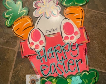 Easter Door Hanger - easter carrot Bunny door Decor - bunny wreath - spring Easter egg hand painted personalized door hanger
