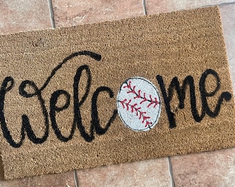 Welcome Baseball Coir Door Mat - Handpainted Coir Mat - Door Mat - new home gift