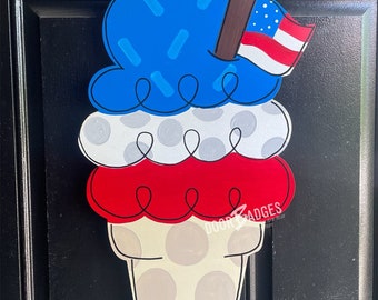 USA Ice Cream Cone - Fourth of July Door Hanger - Patriotic door Decor - summer wreath - hand painted personalized door hanger