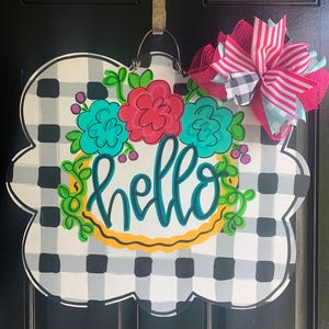 Welcome Plaid Floral Door Hanger Sign - Flowers - Welcome Sign - wood cut out hand painted door hanger