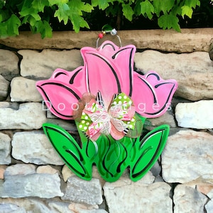 Flower door hanger, spring tulip flower, summer flower wood cut out hand painted door hanger