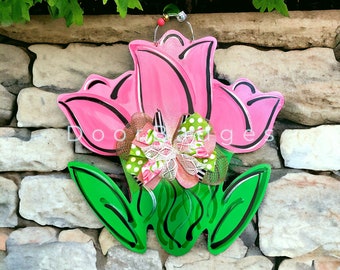 Blumentürschild, Frühlingstulpeblume, Sommerblume Holz schnitt aus handgemaltem Türschild ab