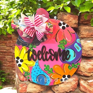 Flower Door Hanger, Paisley Door Decor, Polka Dots, Welcome Circle, wood cut out hand painted door hanger