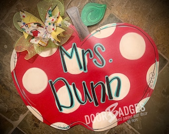 Bright Apple polka dot wood cut out hand painted door hanger