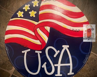 Patriotic - USA Door Hanger - Flag door Decor - summer wreath - Fourth of July - hand painted personalized door hanger