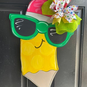 School Pencil and sunglasses and polka dot back to school teacher gift wood cut out hand painted door hanger