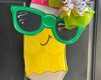 School Pencil and sunglasses and polka dot back to school teacher gift wood cut out hand painted door hanger