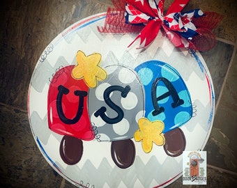 Fourth of July USA Door Hanger - Patriotic door Decor - summer popsicle wreath - USA hand painted personalized door hanger