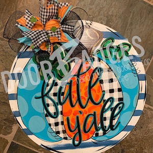 Pumpkin Plaid Fall door hanger, Whimsical Door Decor, harvest thanksgiving fall pumpkin wood cut out hand painted door hanger