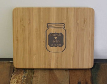 Custom Engraved Bamboo Cutting Board - Bell Jar with Custom Names - Great for Wedding Gift, Housewarming Gift, or Anniversary Gift