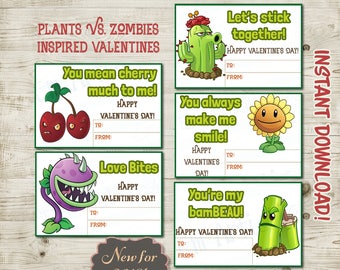 INSTANT DOWNLOAD Plants vs Zombies inspired Valentines} Download and print at home} Class} School party