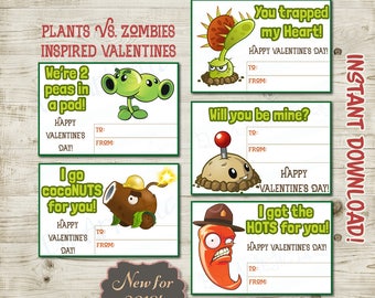 INSTANT DOWNLOAD Plants vs Zombies inspired Valentines} Download and print at home} Class} School party