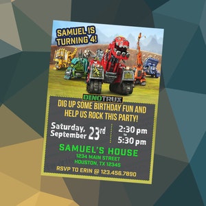 INDIVIDUAL DinoTRUX inspired Birthday Party Invitations}A7}Personalized}Envelopes included}Printed for you by me