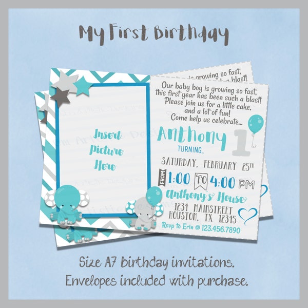 INDIVIDUAL First Birthday Invitations} Printed for you} Envelopes included} Size A7 (5x7)} W. Photograph} Baby Elephants} Blue} Grey