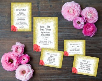 Printable Style GL001 Golden glitter with Red Flower  invitation Set} Save the date card, Invitation, Info card, Rsvp, Flat Thank you