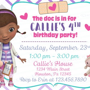 INDIVIDUAL Doc McStuffins inspired Birthday Party Invitations}A7}Personalized}Envelopes included}Printed for you by me