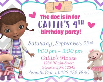 INDIVIDUAL Doc McStuffins inspired Birthday Party Invitations}A7}Personalized}Envelopes included}Printed for you by me