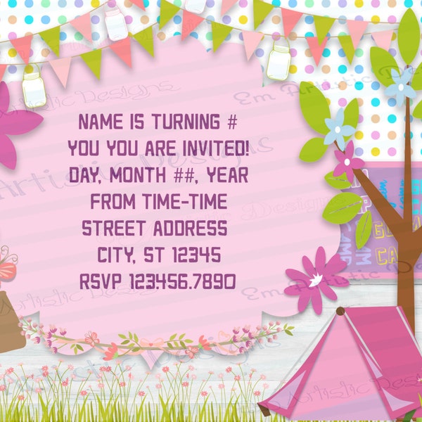 INDIVIDUAL Glam Camp Birthday Party Invitations}A7}Personalized}Envelopes included}Girls birthday Slumber Party} Printed for you