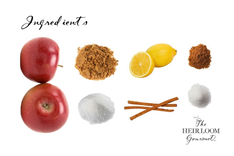 May include: Ingredients for a recipe, including two red apples, brown sugar, white sugar, a lemon, cinnamon sticks, and ground cinnamon.