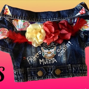 Mexican denim Frida dog jacket/ Mexican Designer denim dog jacket/ Designer Dog Jacket/Mexican dog jacket Day of the dead edition