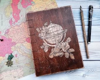 Handmade Wooden Journal, Globe Engraved Travel Book