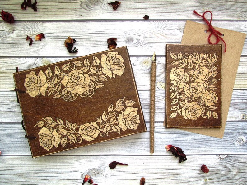 Wedding Guest Book, Wooden book with an engraving handmade, Rustic Wedding, Notebook in a wooden cover Rustic, Unusual gift from wood image 5