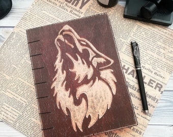 Notepad for a man in a wooden cover,wooden book for records with an engraving handmade,Wooden notebook with aged paper