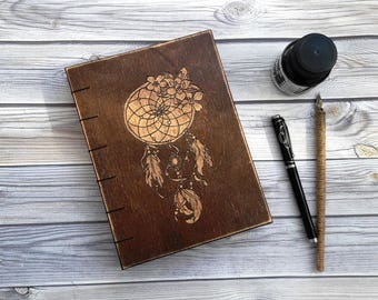 Wooden book for records with an engraving handmade,Notepad in a wooden cover,Wooden notebook with aged paper, dream catcher.