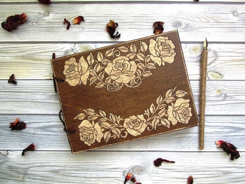 Wedding Guest Book, Wooden book with an engraving handmade, Rustic Wedding, Notebook in a wooden cover Rustic, Unusual gift from wood image 1