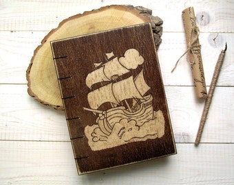 Columbus Day, Notepad for man in wooden cover, wooden book for records with an engraving handmade, Wooden notebook with aged paper