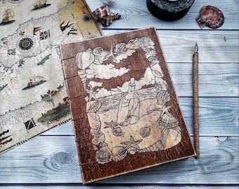 Notepad in wooden cover "sea", marine travel book, wooden book for records with an engraving handmade, sea.