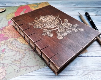 Notepad in wooden cover "globe", marine travel book, wooden book for records with an engraving handmade, globe.