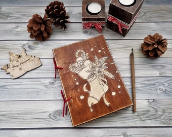 Wooden notebook, Notebook in wooden cover, Gift for Christmas, Wooden handmade book, Christmas gift, Christmas sock