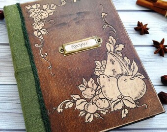 Cookbook, recipe book, wooden book for writing prescriptions,  wooden book for records with an engraving handmade.