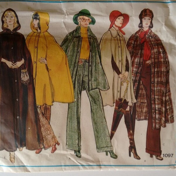 Vintage 70's Vogue Basic Design 1097 Sewing Pattern Winter Wool Cape with Hood option in 4 Lengths Size Medium